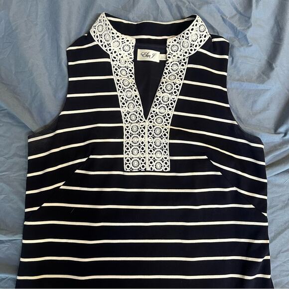 Eliza J Mandarin Collar Shift Dress Navy and White Striped Size 14 - Picture 6 of 9